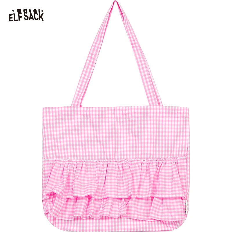 ELFSACK 2025 NEW ARRIVAL Sweet Y2K Korean Plaid Lace Trim Canvas Bag Large Capacity Stylish Shoulder Tote for woman