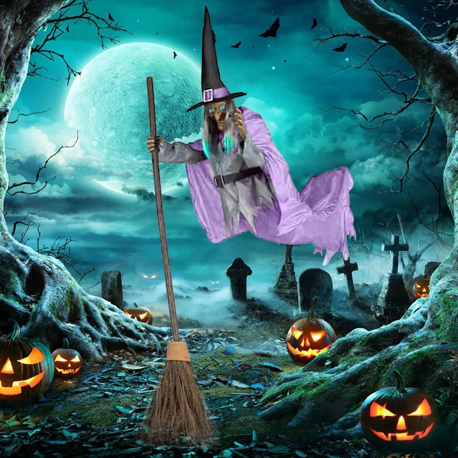 170cm Halloween Flying Witch Decor Halloween Animatronic Witch on Broom with Light-up Eyes and Scary Sound for Yard House Decor view 2