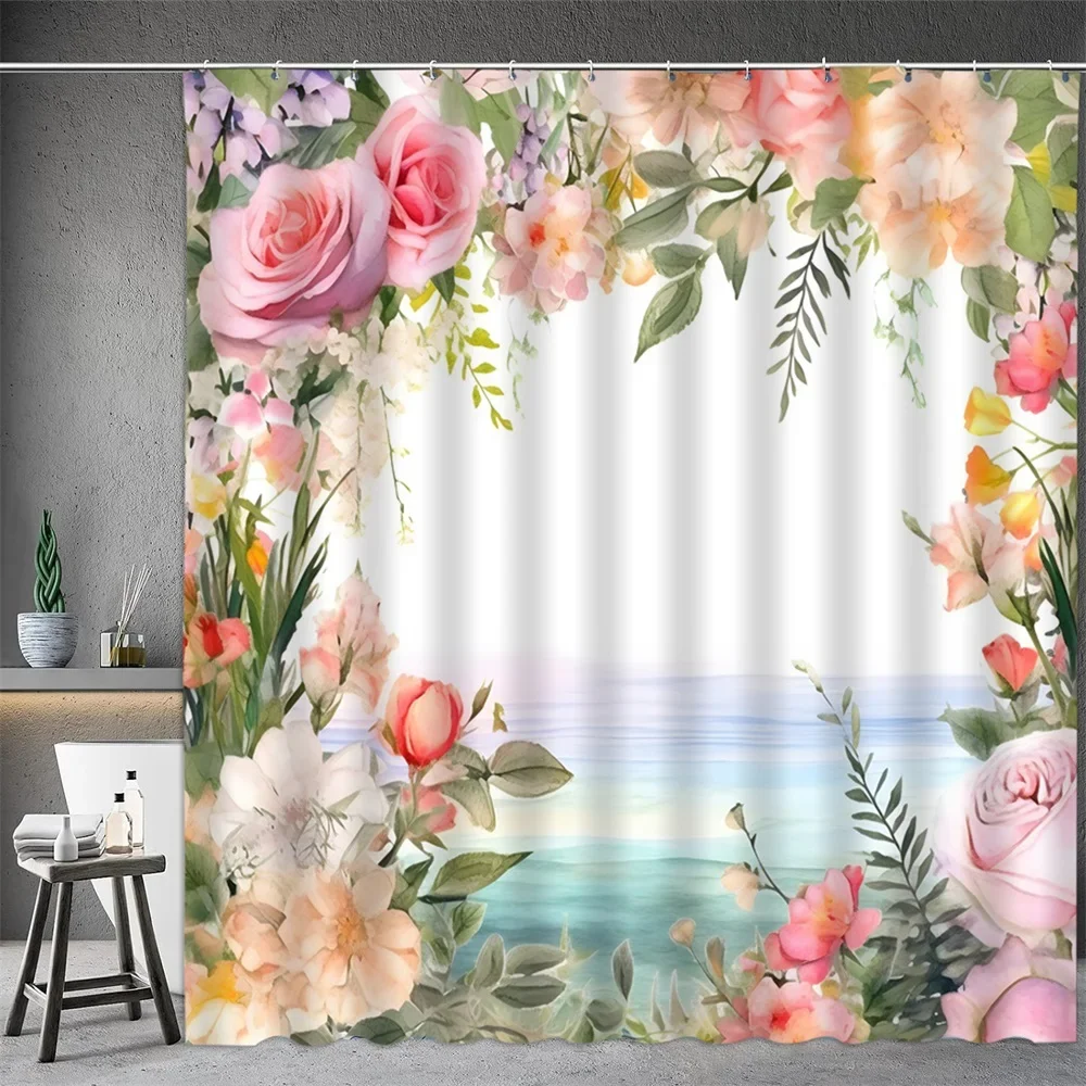 Flower Shower Curtain, Eiffel Tower Paris Sea Romantic Rose Elegant Polyester Fabric Bathtub Partition Screen Bathroom Decor