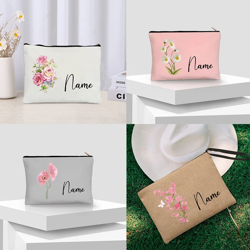 Flor Personalizada Nome Batom Bag, Viagem Make Up Pouch, Kawaii Coin Purse, Estética Cosmética Organizador, Presente para seu Amante