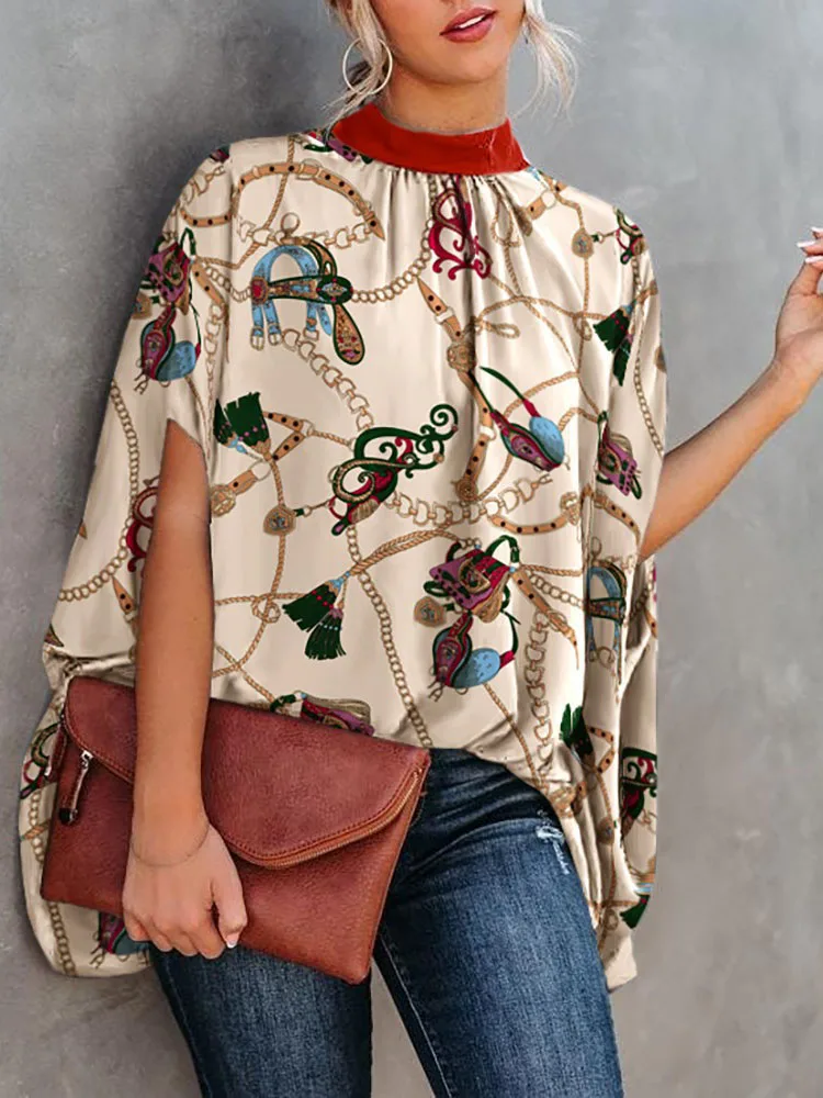 Elegant Women Batwing Sleeve Loose Blouses Top 2022 Summer Fashion O-neck Print Casual Womens Shirt Streetwear Female Clothing