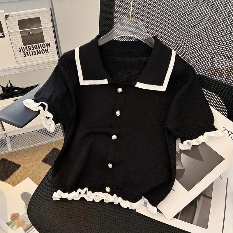Women Knit Summer Sweater Ice Silk Short Sleeve Korean Fashion T-shirt Chic Korean Fashion Polo Neck Tee Top Clothing