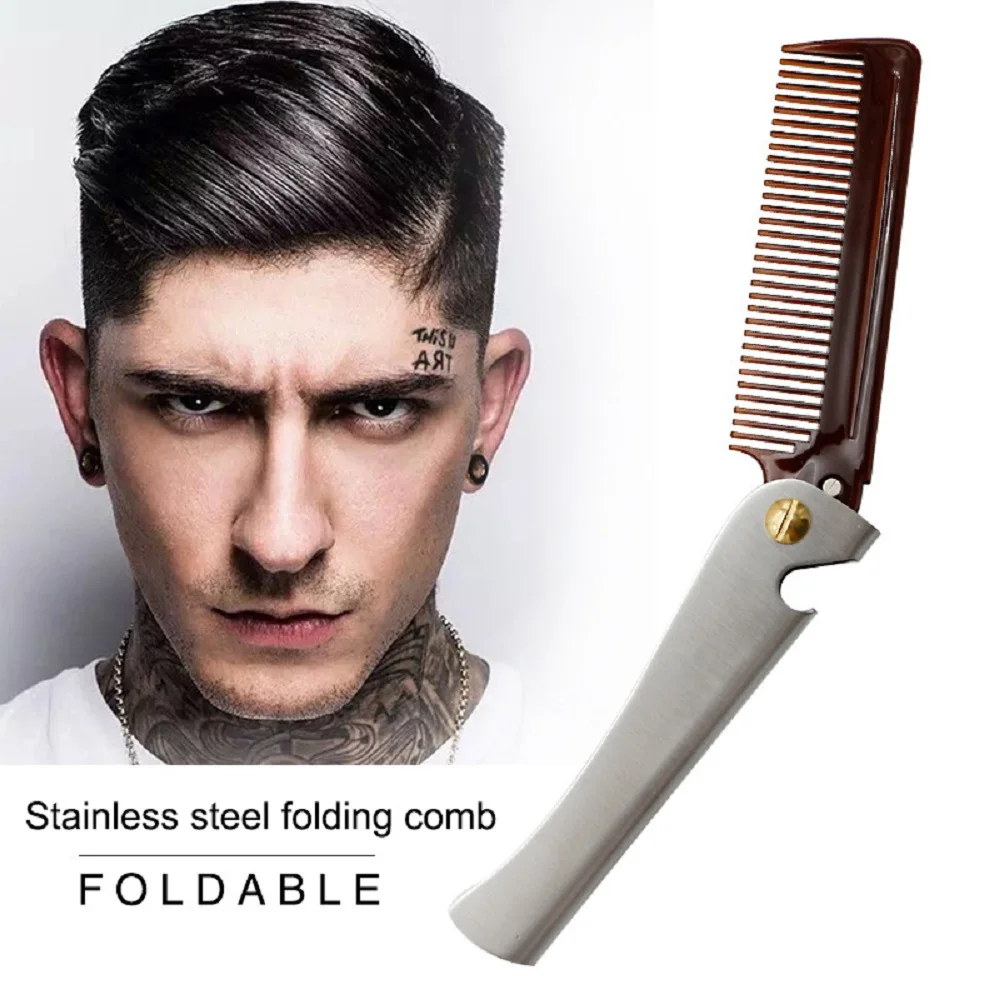Man Folding Beard Comb Stainless Steel Handle Travel Hairdressing Comb Bottle Opener Anti Static Hair Styling Tool For Combing