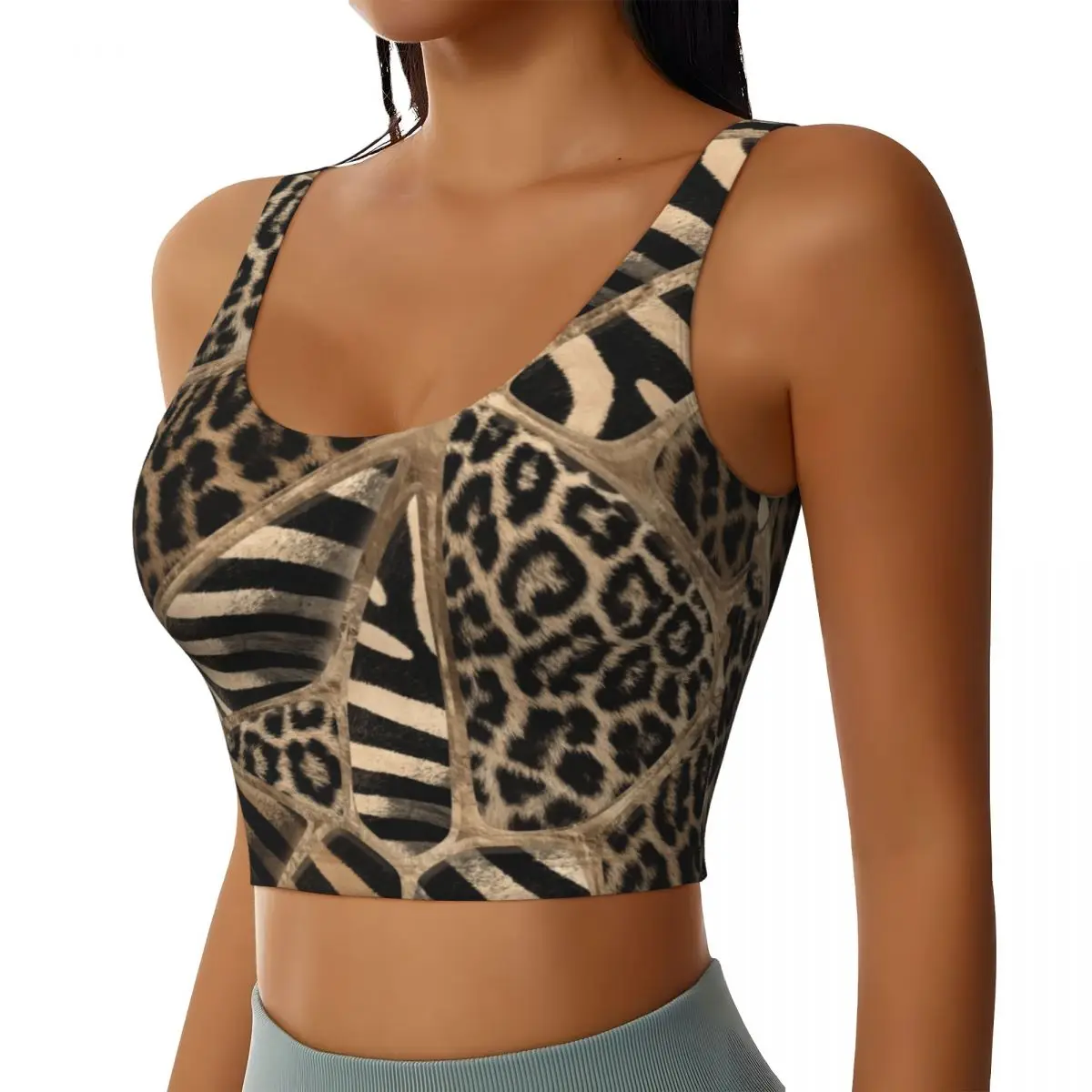 Custom Leopard And Zebra Ethnic Tribal Ornaments High Impact Sports Bras Leather Texture Seamless Workout Running Crop Tank Tops