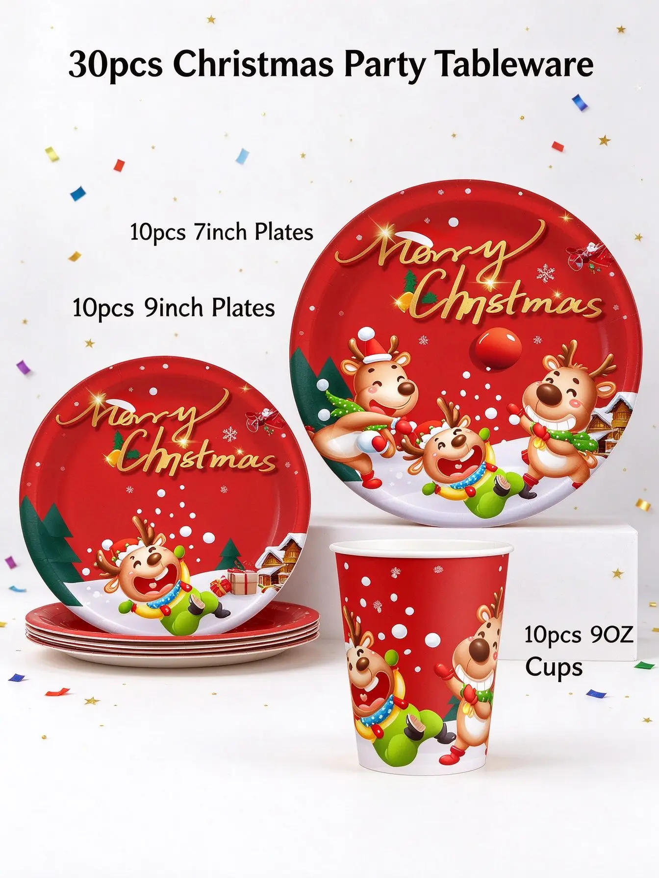 30/60Pcs Reindeer Christmas Paper Plates Cups Set, Disposable Tableware for Xmas Party Holiday Family Dinner
