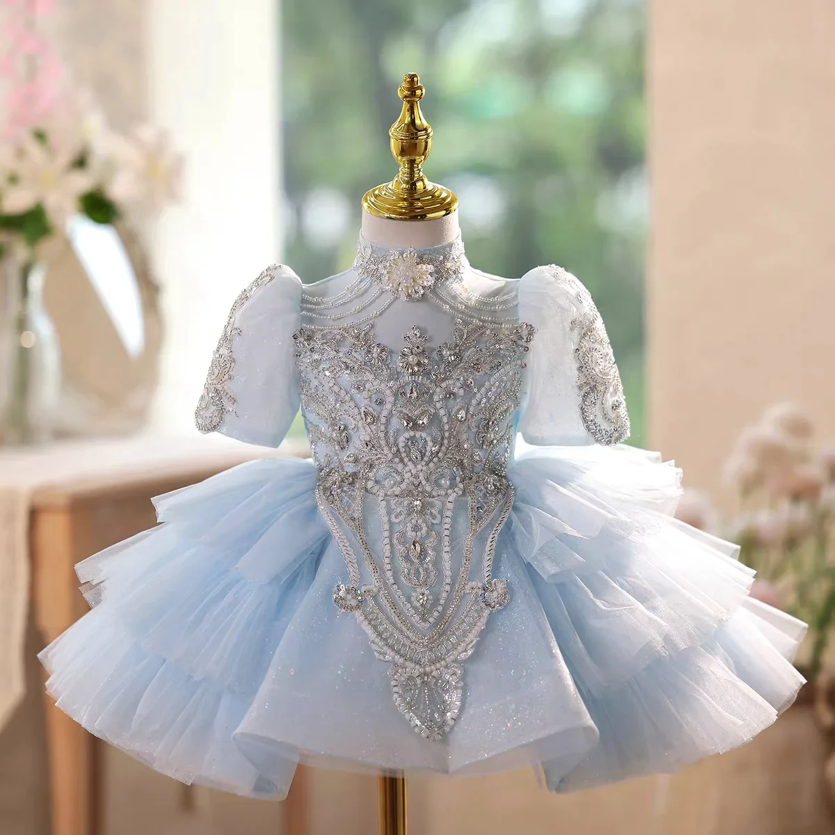 

Light Blue Sparkle Embroidered Puff Sleeve High Neck Beaded Layered Tulle Flower Girl Dress - Kids Formal Pageant Birthday Party