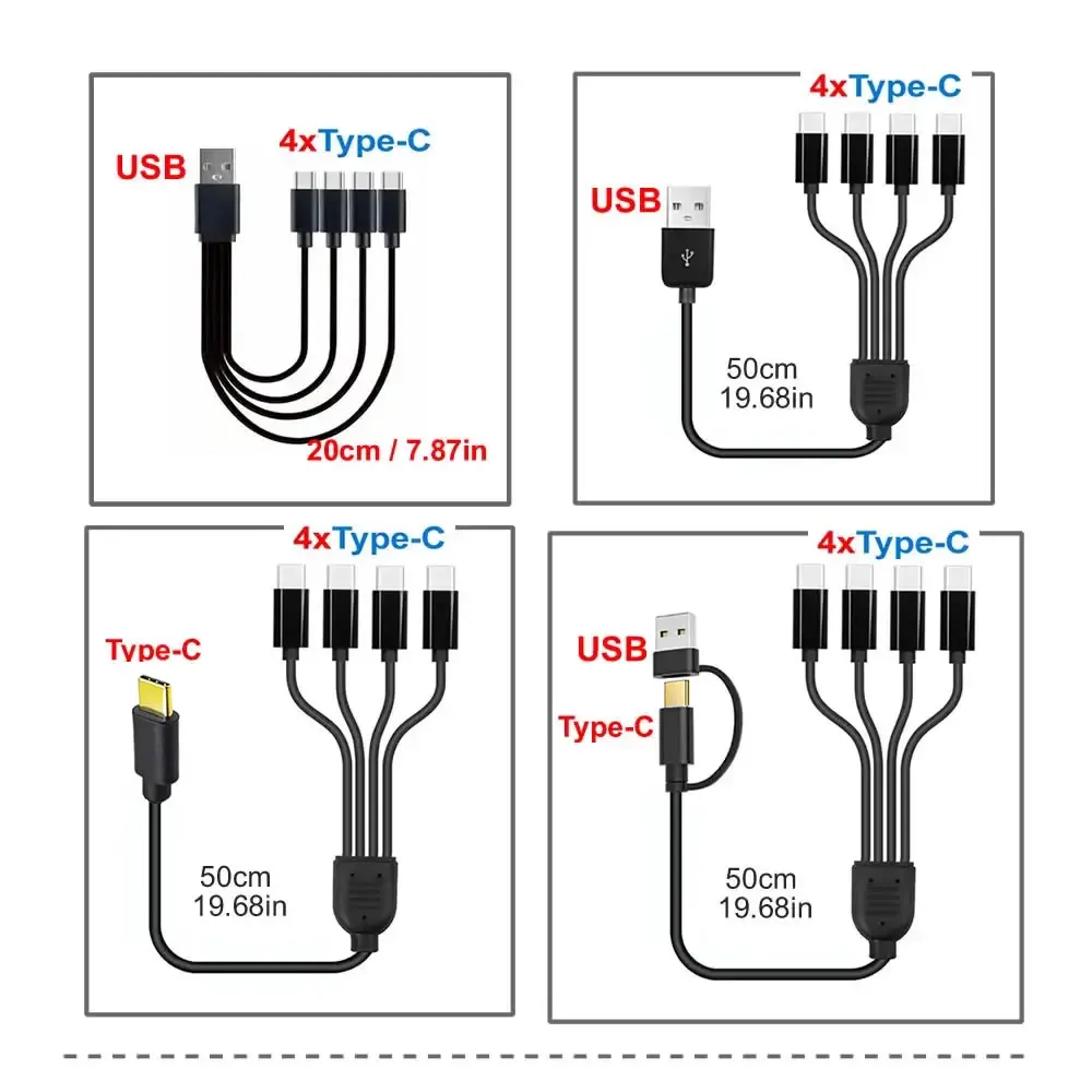 50cm USB-C to Type-C Multiple Charging Cord 20cm USB to 4 in 1 Micro USB Splitter Adapter Cable 5V 4 Port Type C Splitter Cable image 5