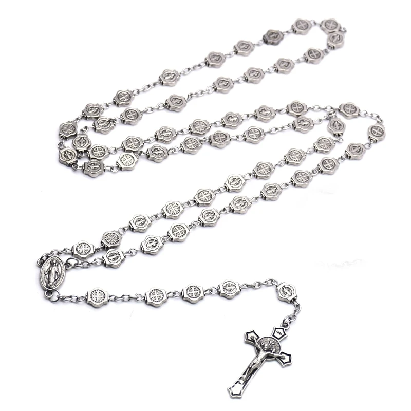 Vintage Religious Jewelry Metal Saint Benedict Rosary Necklace Long Cross Pendant For Men Women