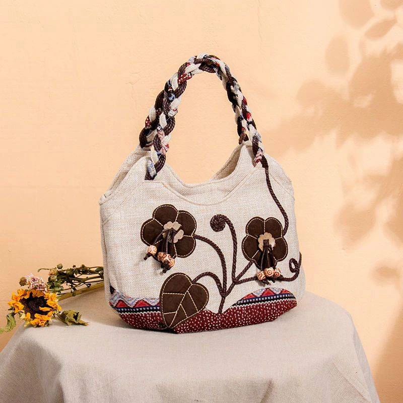 Vintage Linen Handbag for Women National Style Top -Handle Bag Middle-aged Womens' Shoulder Bag Art Tote Mother Purse