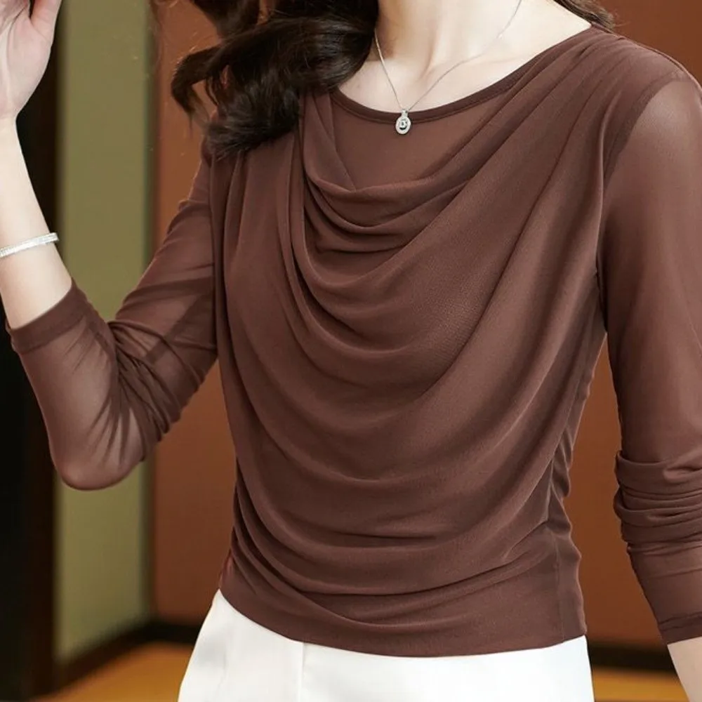 Draped Collar Women Mesh Blouse Solid Color Mesh Fabric Draped Neck Top Long Sleeve Hides Belly Long Sleeve T Shirt Mom Fashion