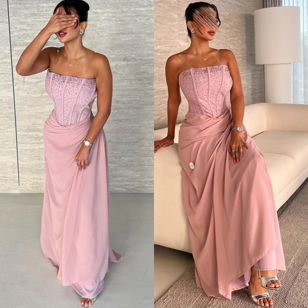 

Customized Simple Jersey Strapless Evening Dress Classic Sleeveless Prom Dresses Fashion Crystal Special Occasion Gowns