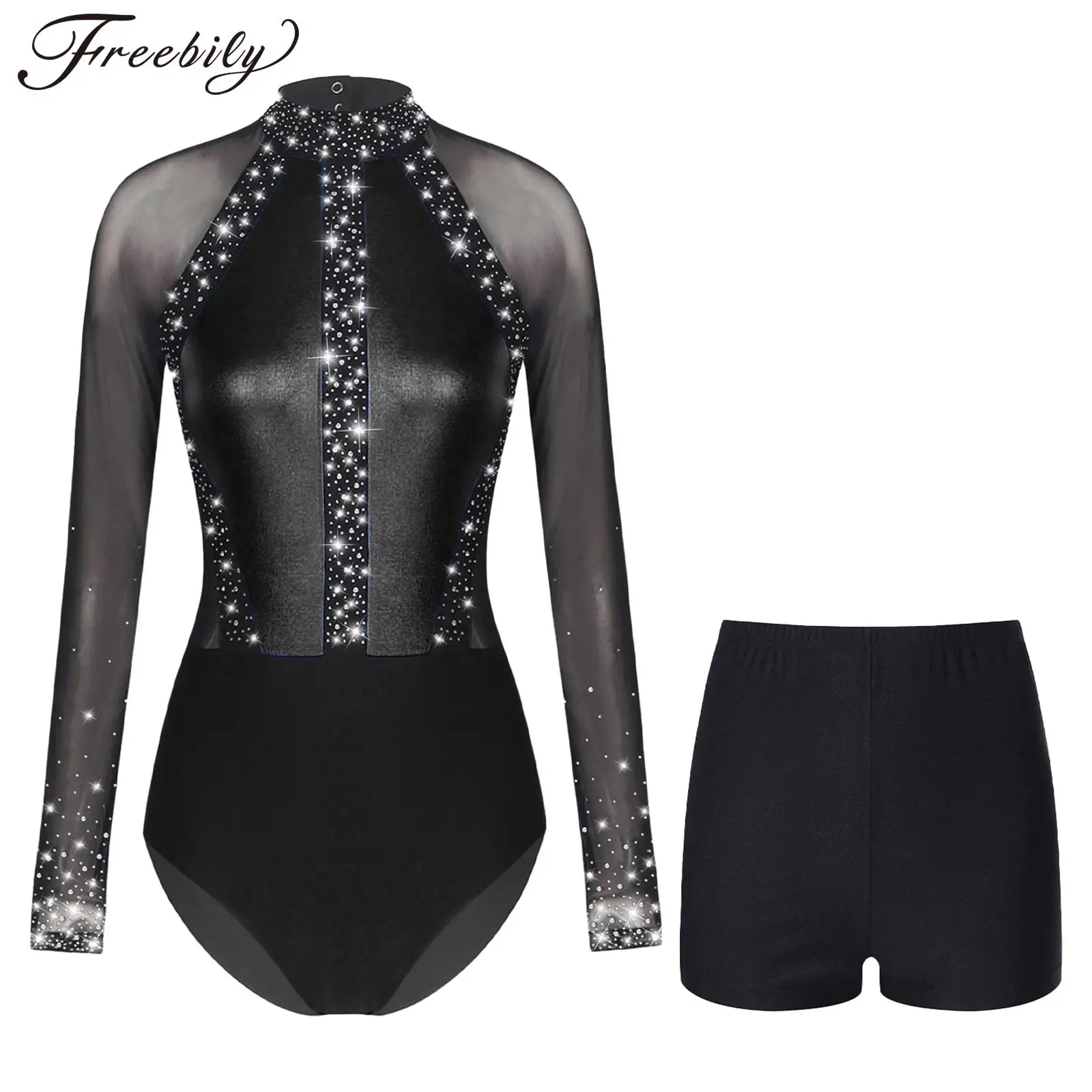 Women Figure Skating Leotard Set Long Sleeve Rhinestones Sheer Mesh Bodysuit with Shorts for Gymnastics Ballet Dance Acrobatics