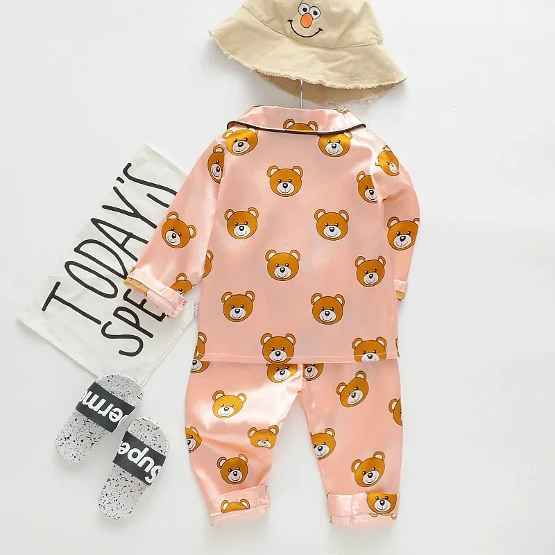 2pcs Boys Lounge Wear Button Down Long Sleeve Top & Elastic Waist Long Pants Bear Cartoon Pajamas