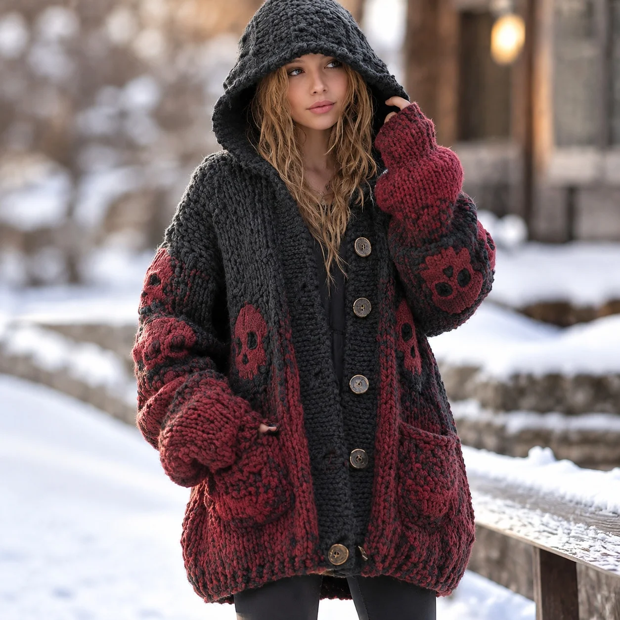 Hooded Thick Coat Mid Length Casual with Long Sleeve Cardigan Single 3D Pattern Regular Fit 3D Effect Cardigan for Women