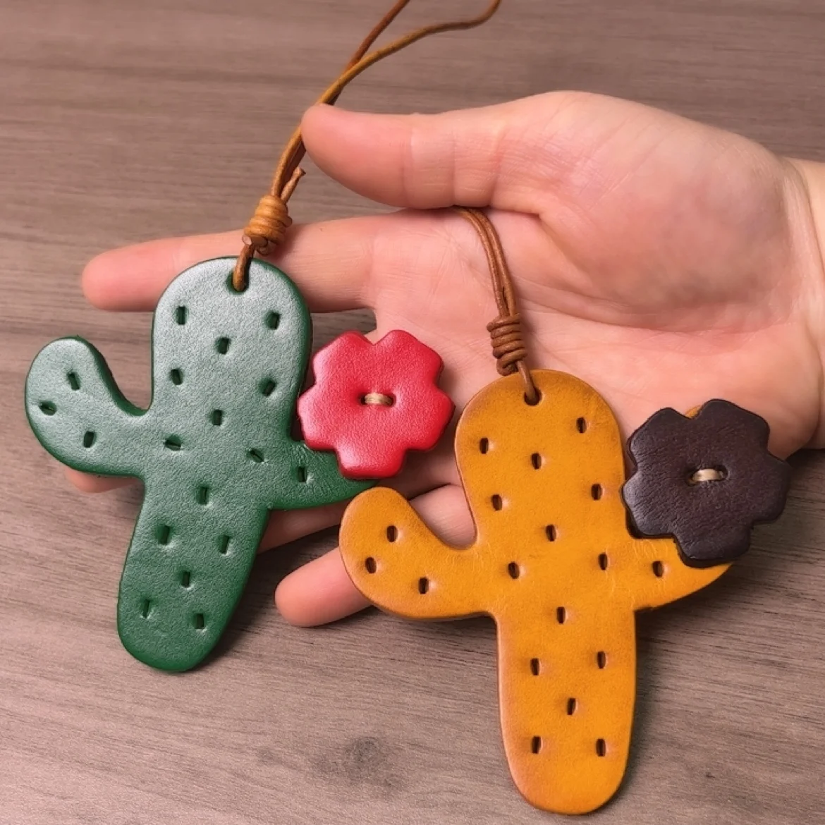 Cute Cactus Bag Charm Vegetable Tanned Leather Keychain Unique Gift for Women