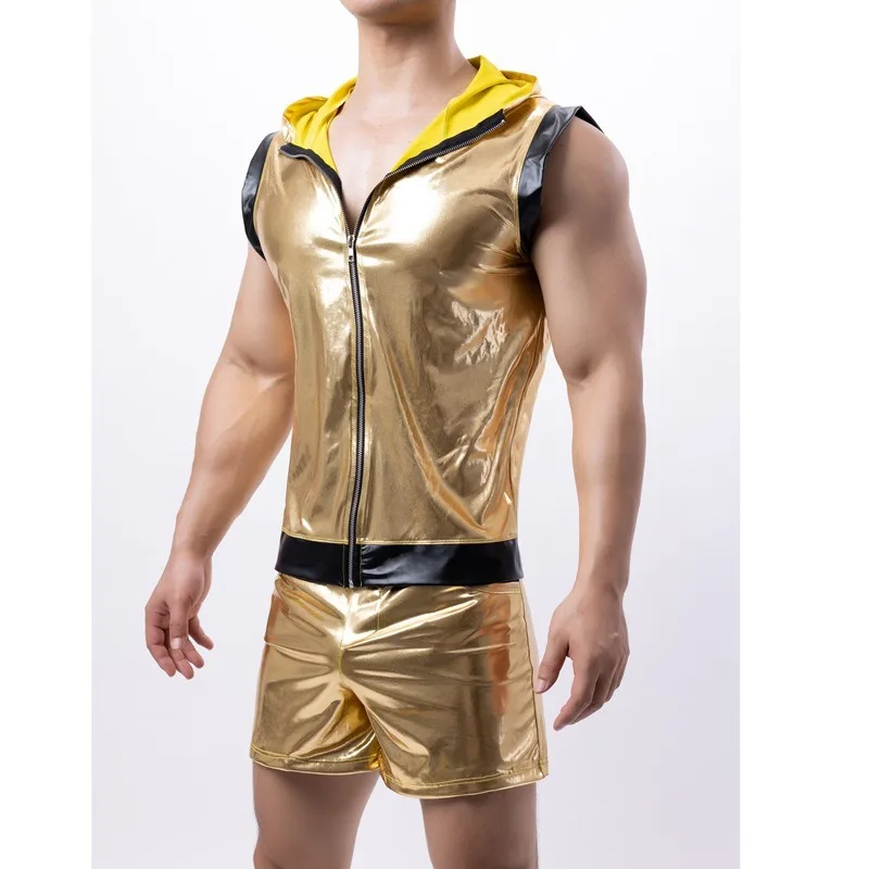 Super legal ouro sexy magro shorts masculinos conjunto bar clube festa desempenho outfit ouro brilhante masculino com capuz colete conjunto roupas masculinas terno