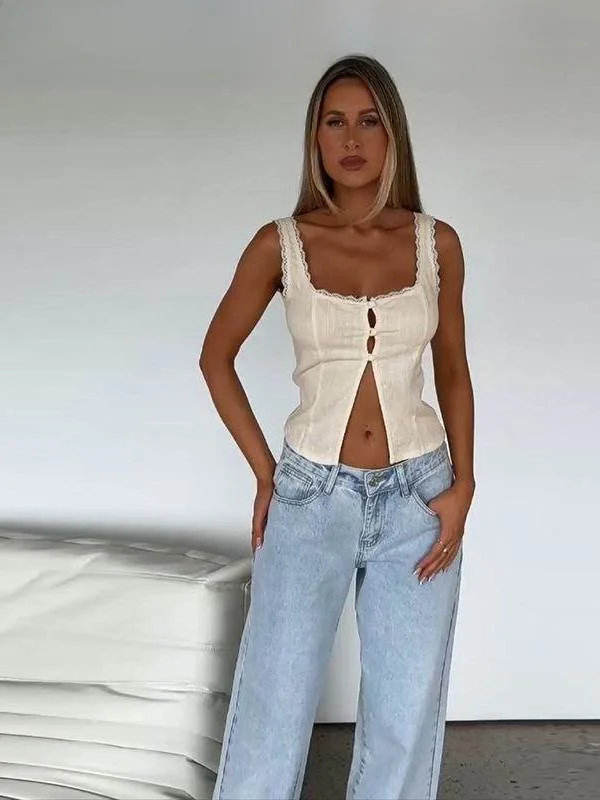 Gilet décontracté en dentelle pour femmes, coupe ample, t-shirt quart Sve, cravate à bandes, détails floraux, été, Faion