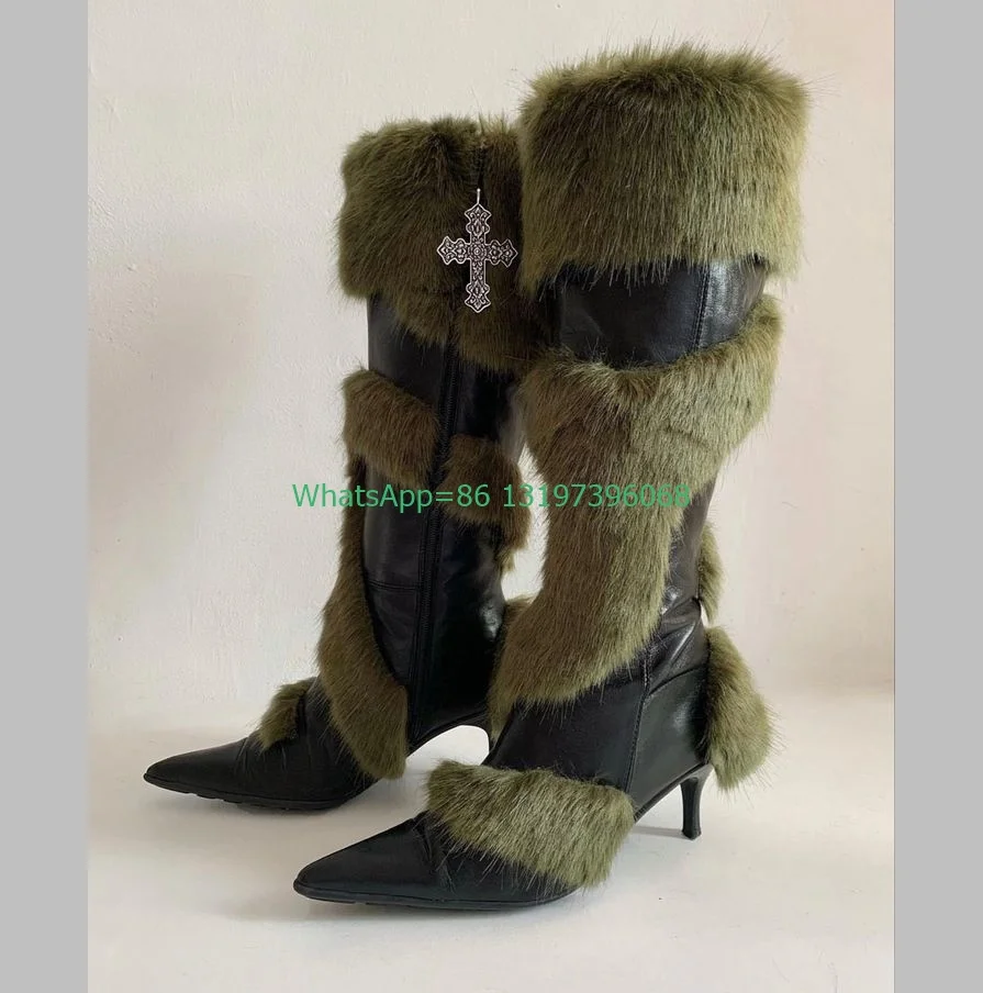 Lady Cross Vintage Fur PU Low Heel Knee Boots Zip Punk Runway Green Fur Feather Boots Pointed Toe Fall Pumps Boots Size 34-46