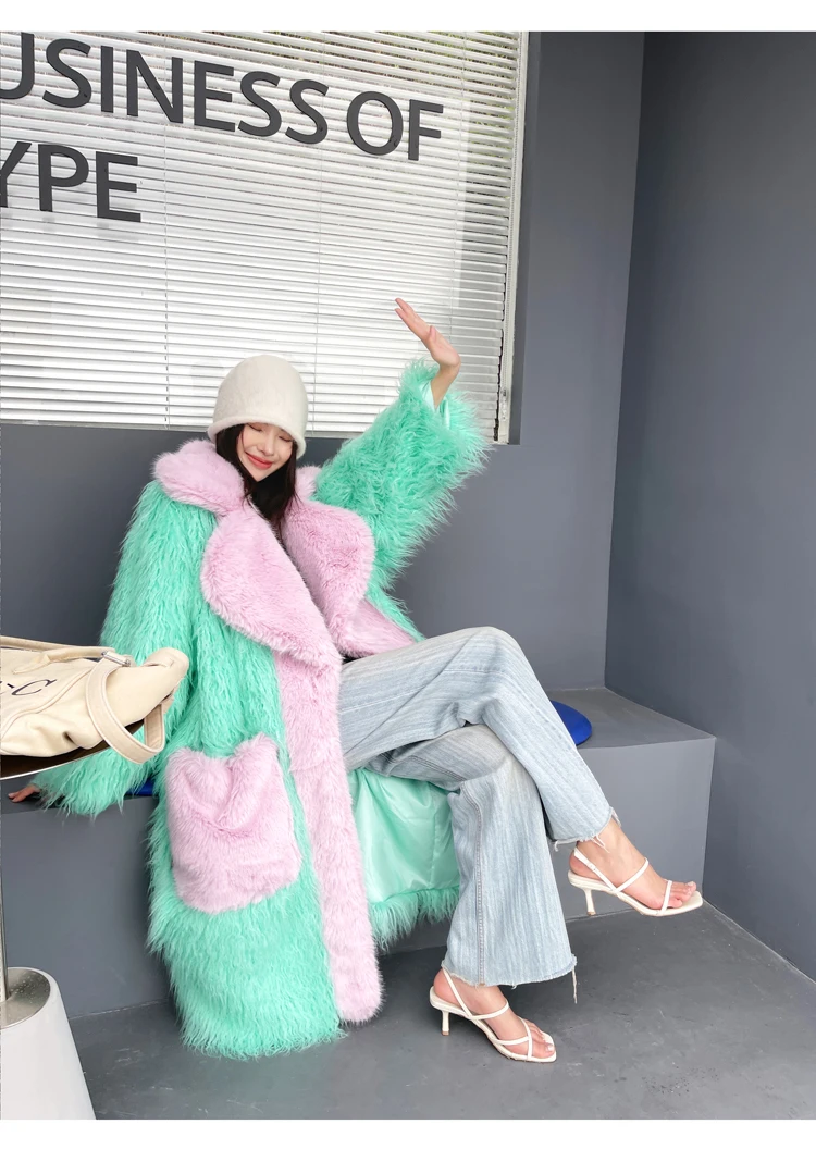 Lady Personalized Pale Green Faux Fur Coat Loose Lapel Long Jacket Female Streetwear Women\'s Winter Coats Performance Costume