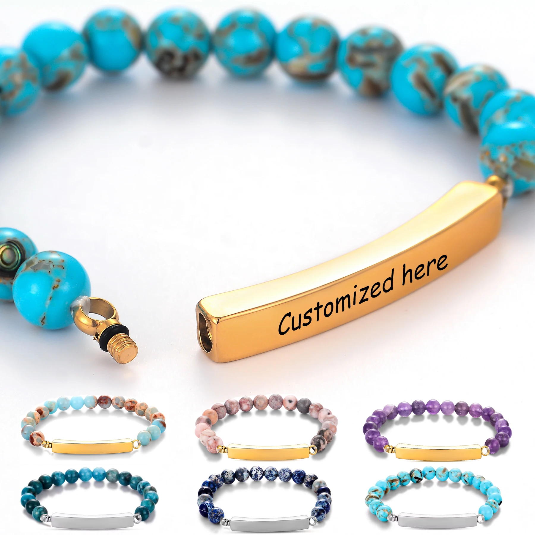 

Fashion Cremation Bracelet for Ashes Colorful Natural Stone Stainless Steel Bar Customized Name Text Keepsake Memorial Jewelry