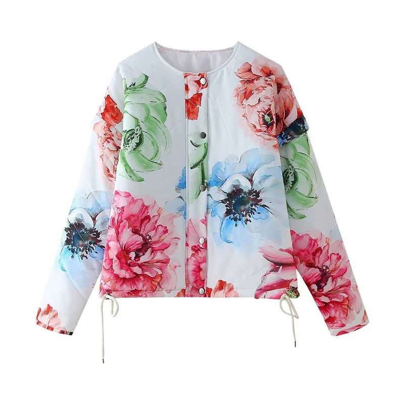 

ZBZA Winter Women's Printed Cotton Jacket Coat 2024 New Casual Fashion Loose Outerwear Long Sleeve Warm Cotton Jacket Coat