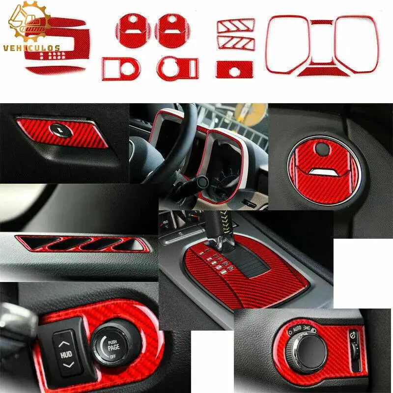 VEHICULOS 21PCS Red Carbon Fiber Full Interior Kit Cover Trim For Chevrolet Camaro 2010-15