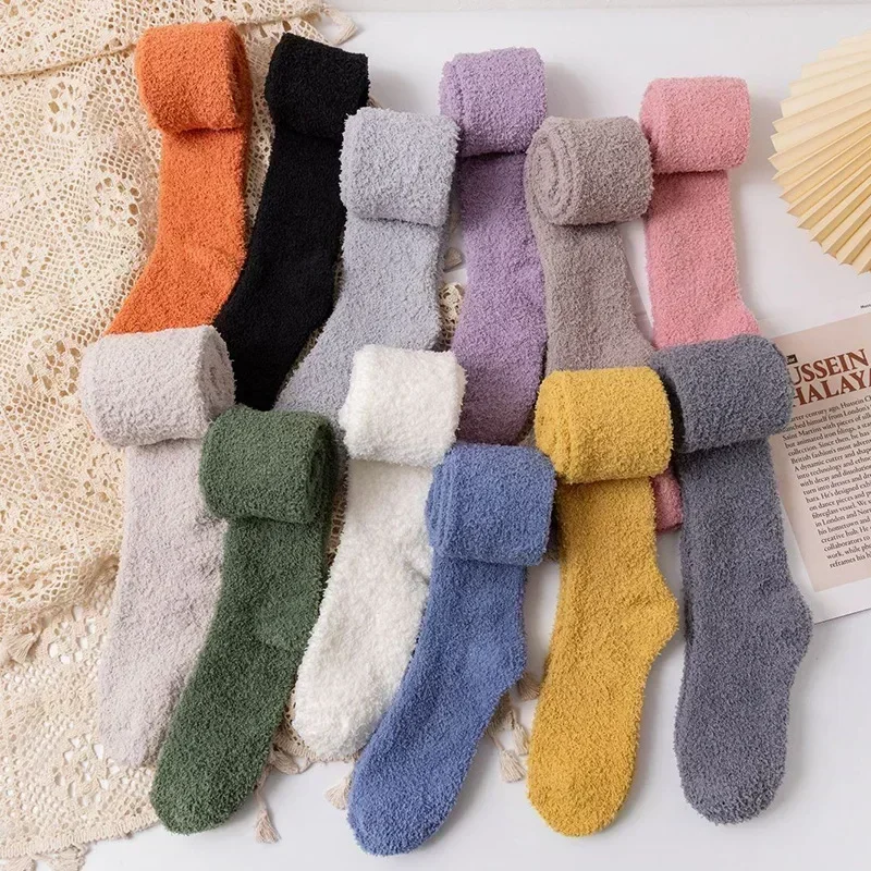 Winter Warm Coral Fleece Over-knee Socks Women Plush Lolita Home Sleep Floor Long Socking Jk Solid Soft Thigh High Fun Sock