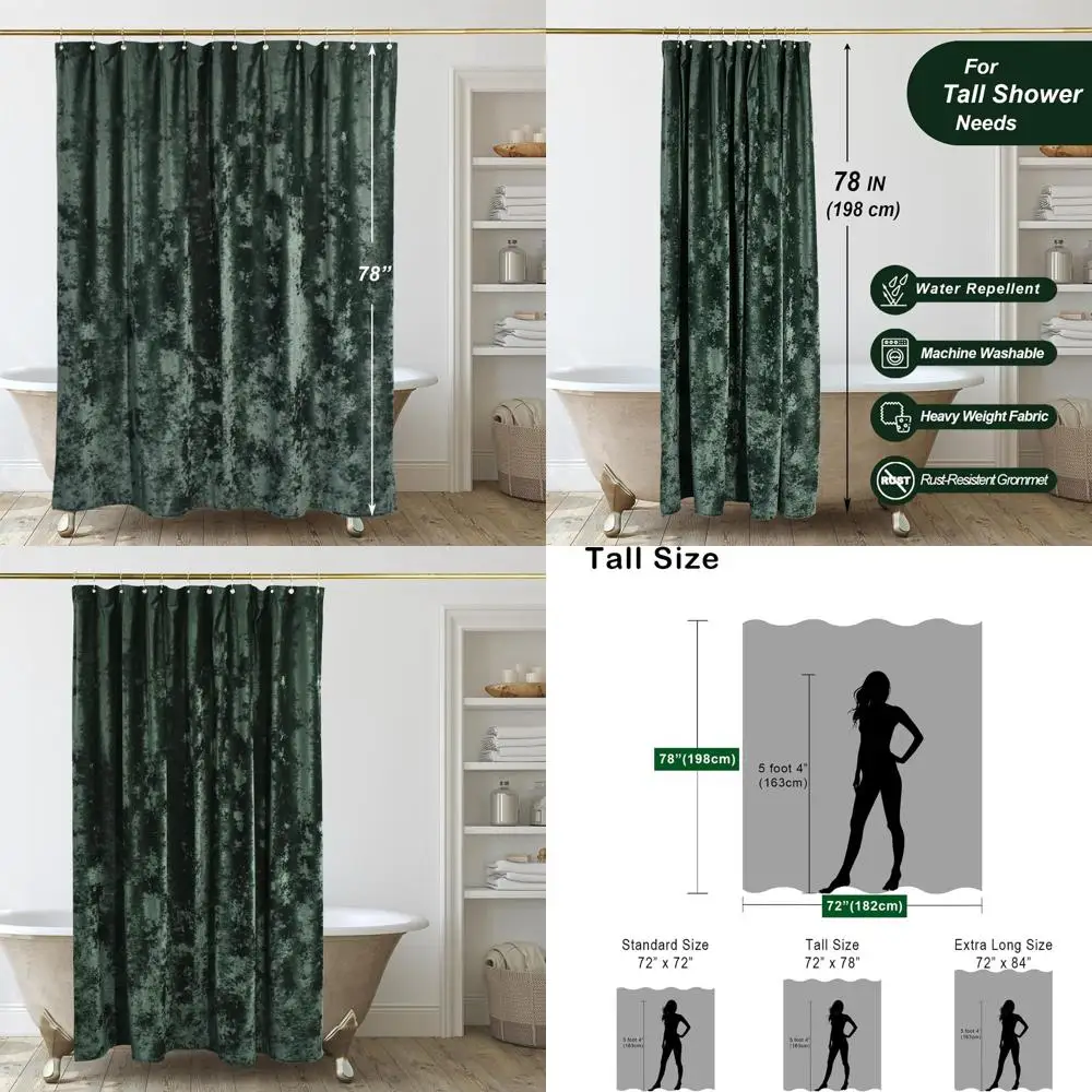 

Luxurious 72x78 Inch Crushed Velvet Shower Curtain with 12 Hooks, Waterproof, Dark Green
