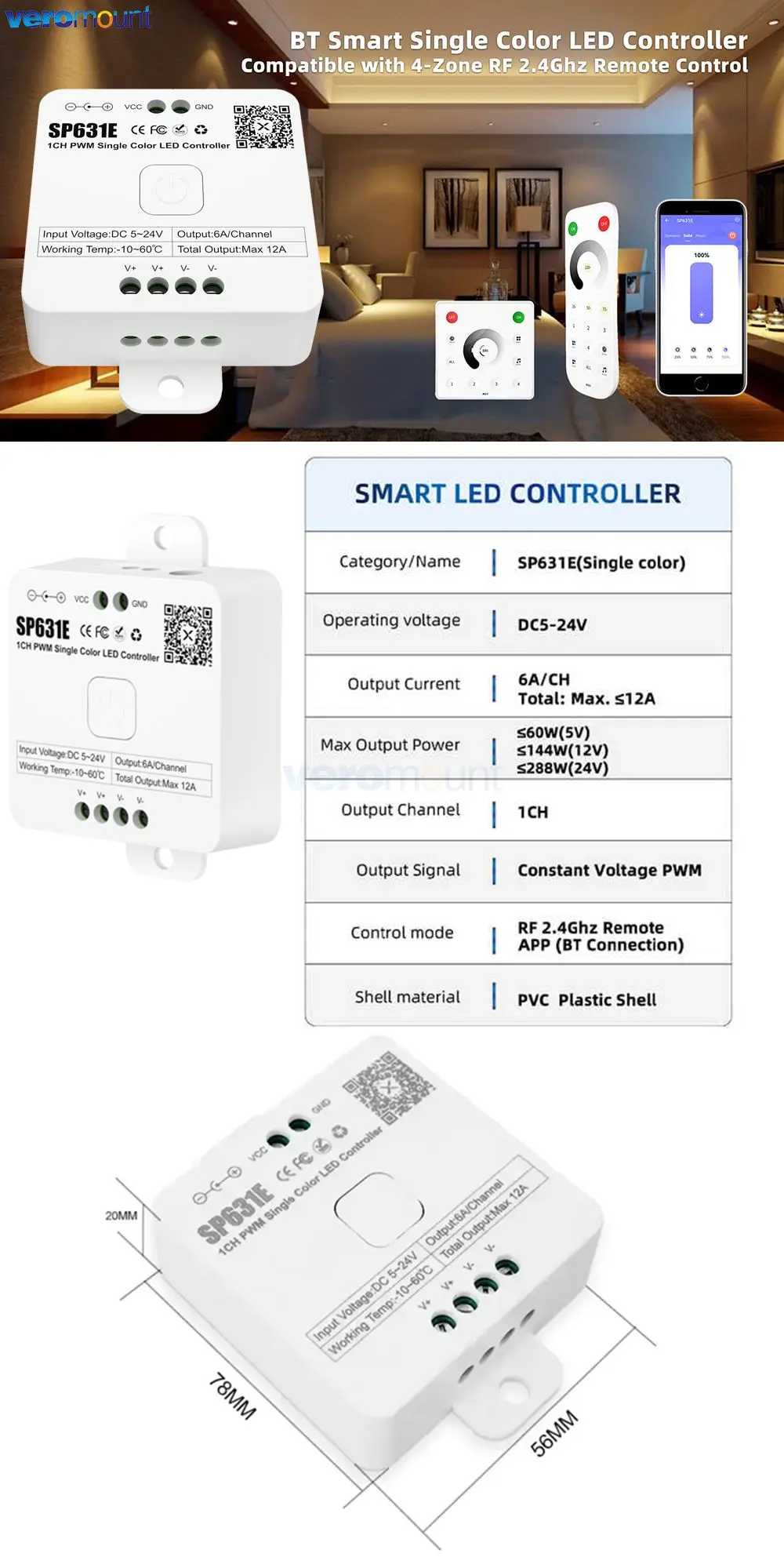 SP631E SP632E SP635E PWM kontroler LED 2.4G dla DIM CCT RGB RGBW RGBCCT BT muzyka aplikacja głosowa 5050 FCOB LED listwa oświetleniowa DC5V-24V