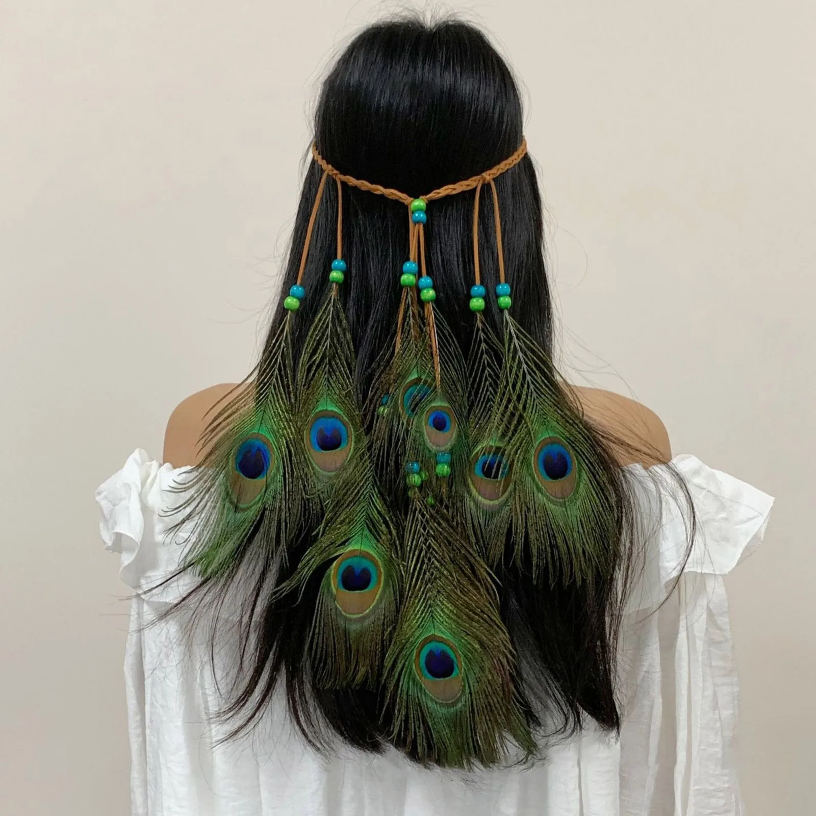 Diadema con forma de pluma India Hippie, tocado de cuerda de pelo de plumas bohemias, diadema de plumas de borla Bohemia, tocado de fiesta de