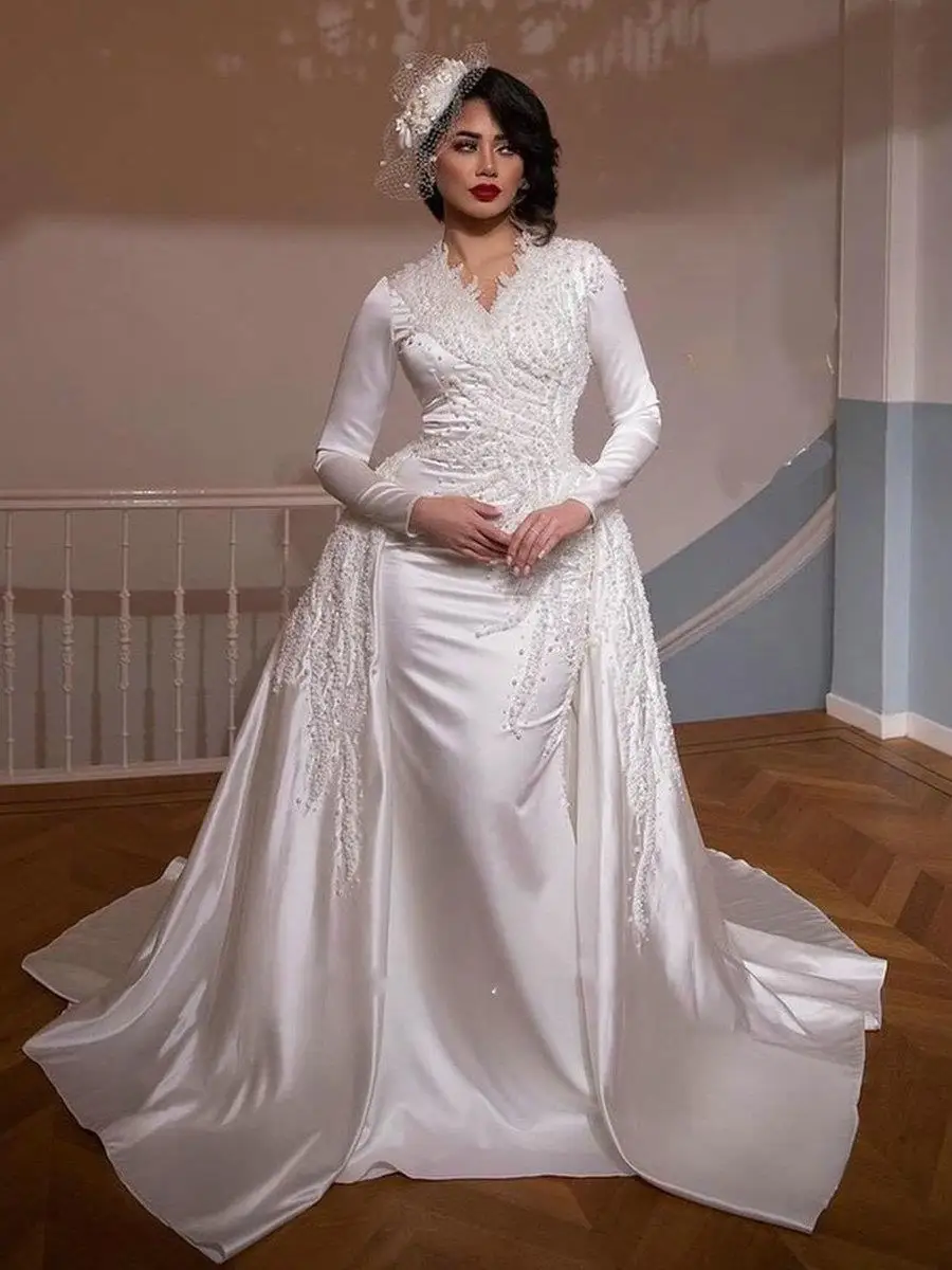

Romantic V Neck Heavy Pearls Wedding Dress with Detachable Train Robe De Mariée Long Sleeves Luxury Mermaid Bridal Gown