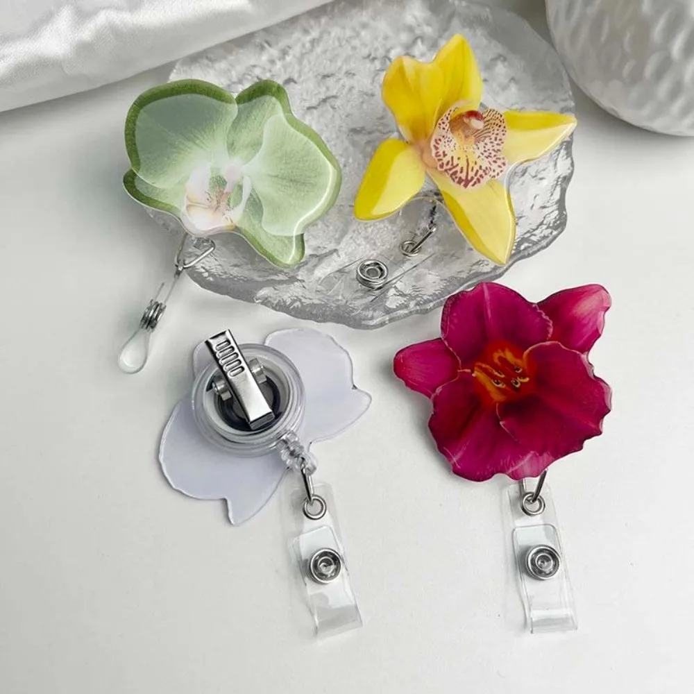 Cute Acrylic Resin Holder Clip Orchid Flower Shape Durable Retractable Badge Holder Retractable Design ID Badge Reel Student Use