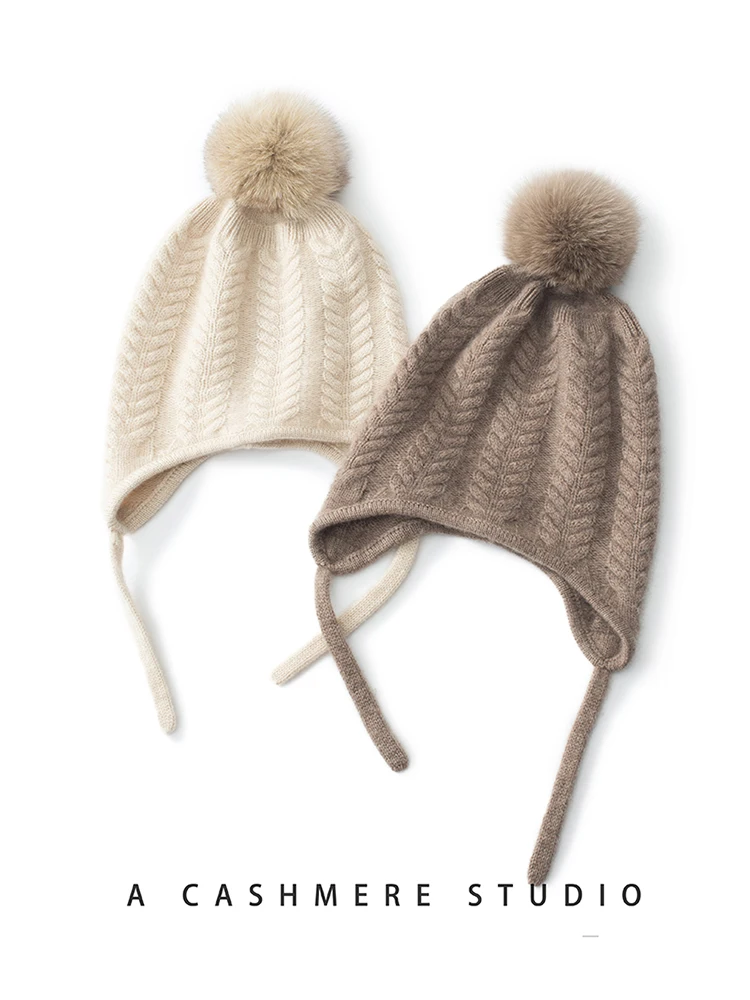 

FASARTWS New Ear protection Hat 100% Cashmere Hat Beanie Hats Winter Warm Windproof Knitted Hats Women/Men Outdoor Jacquard Cap