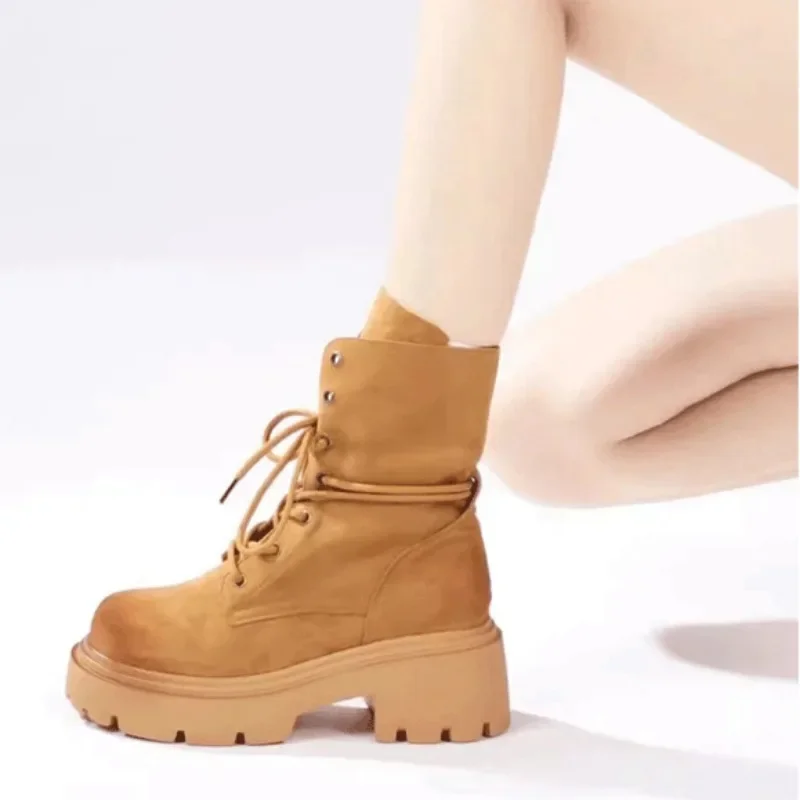 Women\'s Fashion Chunky Single Boots Autumn New Round Head Thick Sole Front Lacing Soft Sole Non-slip Comfortable Short Boots