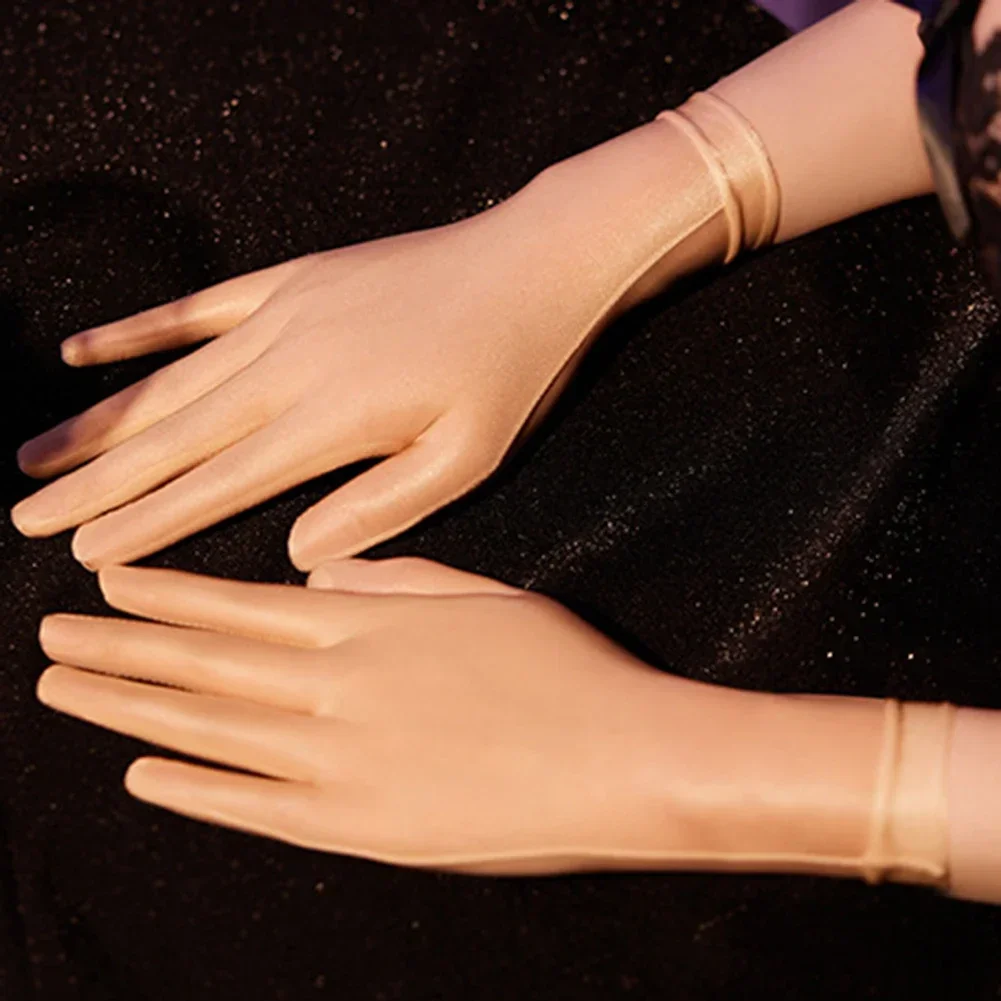 

Women Smooth Oil Short Gloves See Through Dancing Driving Ultrathin Mittens Tight Stocking Shiny Gloves Underwear Accessories