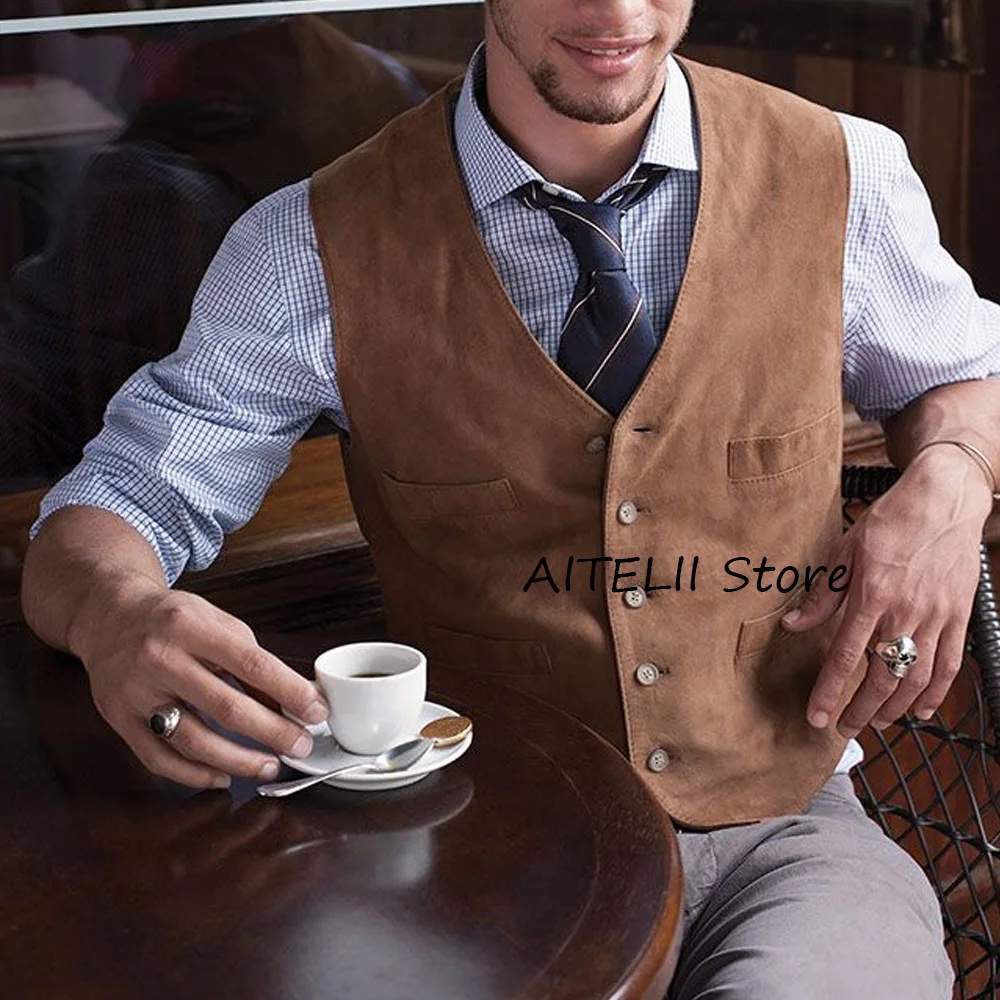 

Suede Fabric Classic Vest Straight Pockets Fashion Suit Fashionable V-neck Casual Men's Working Vintage Suits Blazer Clothing