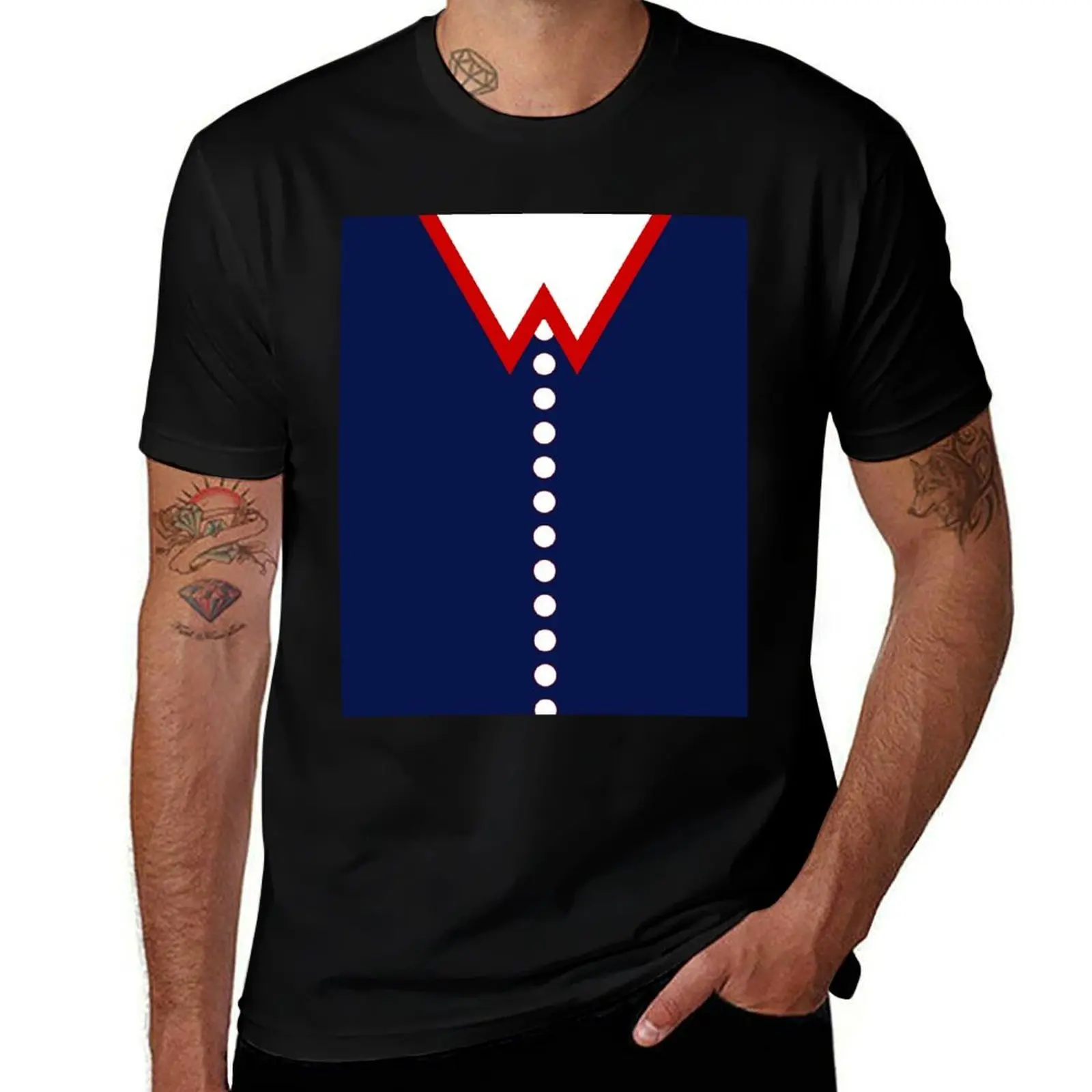 

Red White and Blue Faux Collar and Buttons T-Shirt t shirts for man cotton printed t shirts for man T-Shirt