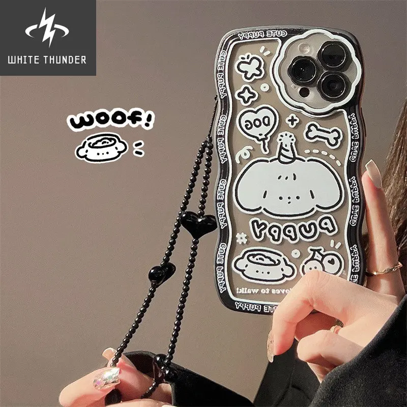 Creative Personality Cartoon Puppy Graffiti Black Heart Lanyard Anti-drop For iphone 11 12 13 Pro Max Xr X Xs 7 8 P Phone Case