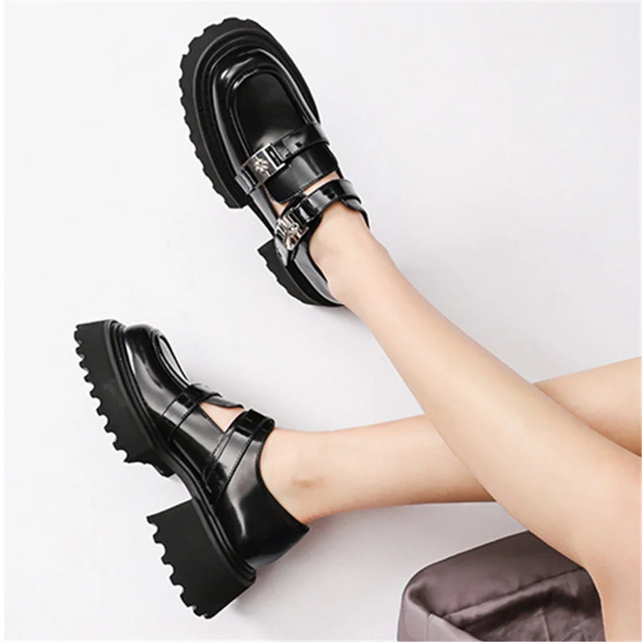 2024 New Women Pumps Thick Sole Platform Shoes Ladies Chunky High Heels Mary Janes Black Leather Loafers Creepers