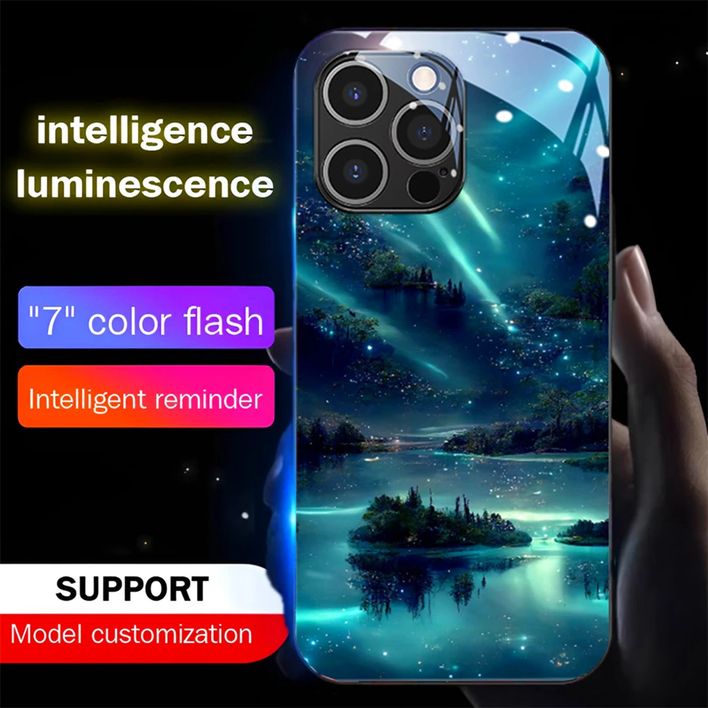 

2026 Pretty Galaxy Lake Sound Control LED Flash Cases Luminous Glass Cover For iPhone Air 17 16 15 14 13 12 11 Pro Max