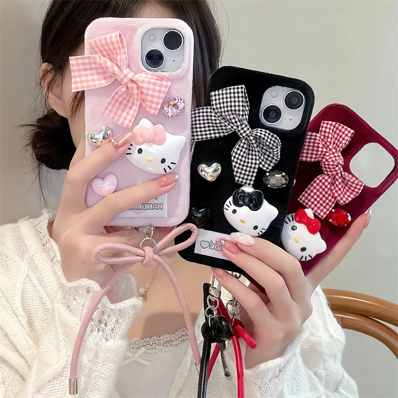 Cute Hello Kitty Plush Bow embroidery Kawaii Phone Case For Iphone 16 15 14 13 Promax Y2k Sweet Girl Phone Protective Cover