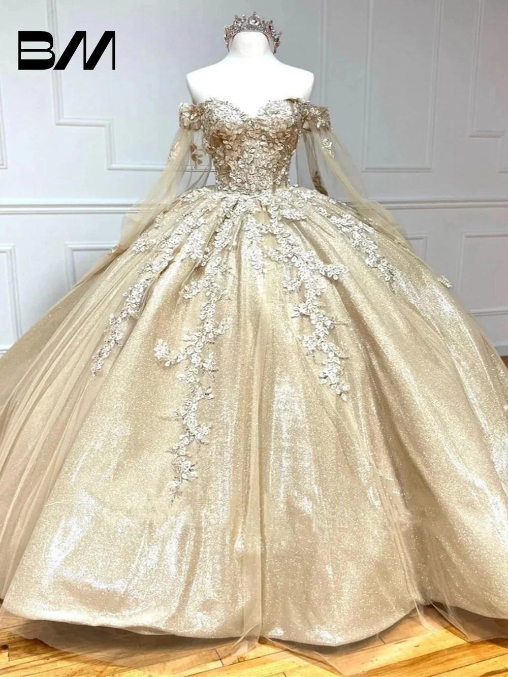 Glamorous Gold Sweetheart Ball Gown with Cape Sleeves, Sweet 15 16 Dress, Princess Party Gown, Quinceanera Dress Cocktail Gown