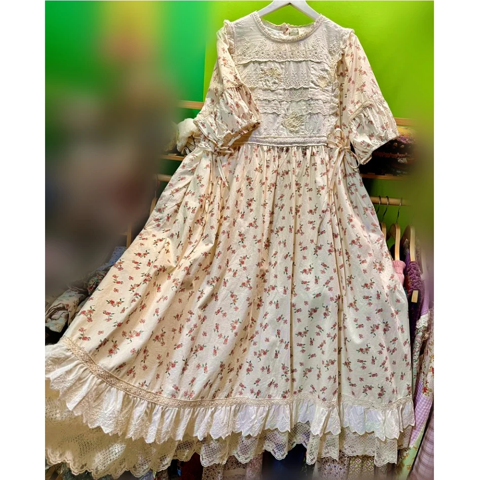 

Sweet Vintage Lolita Cotton Patchwork Lace Victorian Rococo Midi Dress for Women Kawaii Korean Cottage Core Mori Girl Long Dress