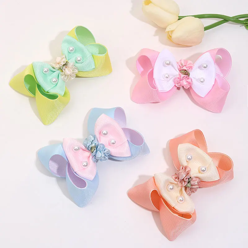 Fashion Glitter Rabbits Hair Clips Ribbon Bowknot Flower Hairpins Barrettes Girl Pearl Headwrap Colorful Hair Bows Kids Headwear