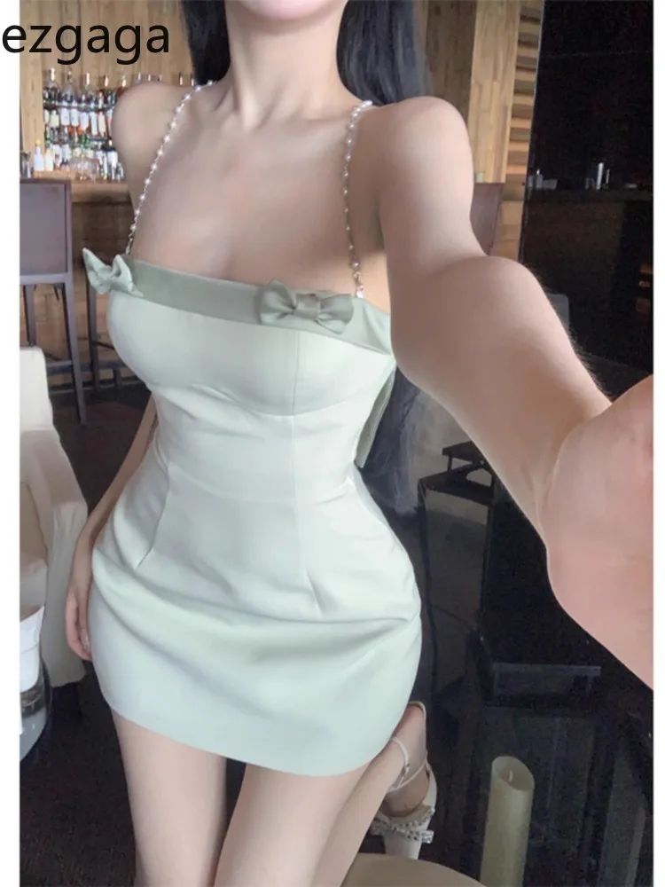 Ezgaga Mini Dresses Women Sleeveless Bowknot Chain Backless Spring Summer Slim French Style Elegant Dress Sweet Sexy Ladies