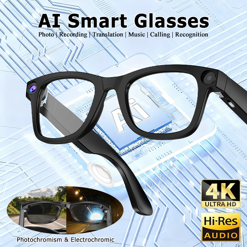 

New AI Smart Camera Glasses 4K Photochromism & Electrochromic Lens Multifunction Glasses Bluetooth Calling Music Translation