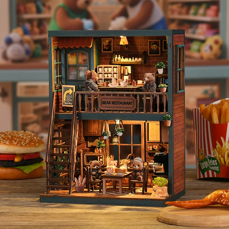 ベアカフェDIYハウス - 3D立体手作り組み立てブックエンド、ミニチュアシーンモデルハウスおもちゃ