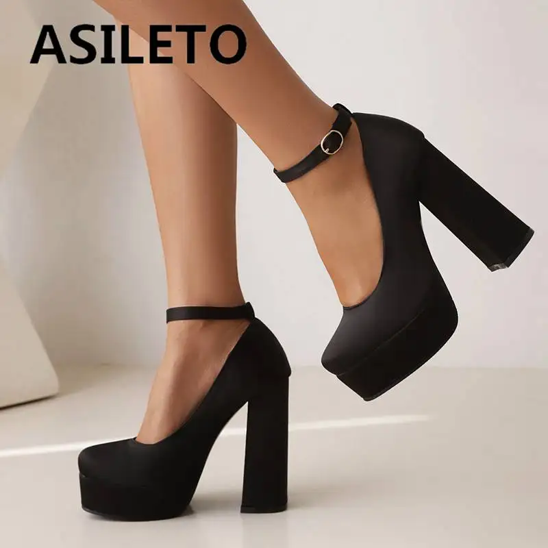 ASILETO Brand Shoe Women Pumps Square Toe Satin Chunky High Heel 12cm Platform 3cm Buckle Strap Sexy Party Large Size 43 44 45