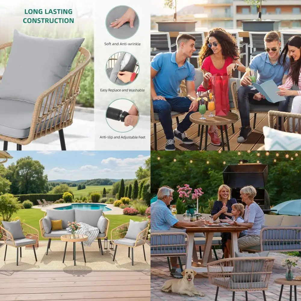 4 Pieces Patio urniture Set, Outdoor Wicker Patio Contion Set, All-Weather Rattan Bistro Set with Loveseat Chairs Table Sot Cush