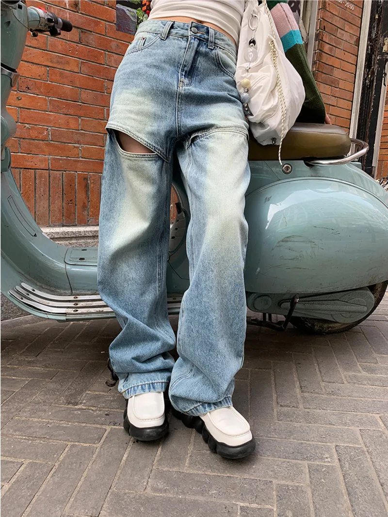 Pantalones vaqueros con agujeros para niñas, Jeans de pierna ancha, empalme personalizado, informal, Hip Hop, estética de los años 90 y 2000, Y2k, otoño